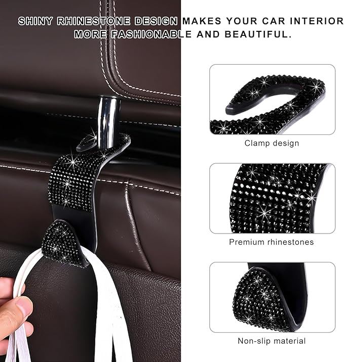 4 PCS Car Seat Headrest Hooks, Bling Crystal Rhinestone Back Seat Hanger Storage Organizer, Sparkly Seatback Holder Hooks for Purse and Bags Universal For Most Vehicles (Black)