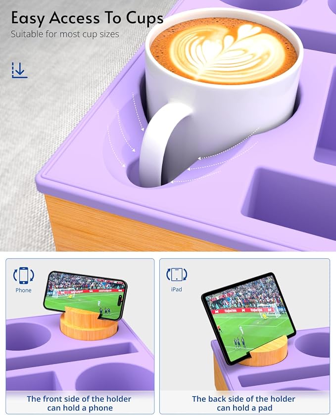 Couch Cup Holder Tray - Couch Organizer Caddy, Silicone Beach Caddy with Cup Holder, Sofa and Bed Drink Holder and Couch Tray Table for Snacks Beverage Remote (Purple)