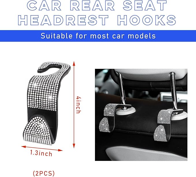 2 PCS Bling Car Seat Headrest Hooks, Crystal Rhinestone Back Seat Hanging Storage Organizer, Vehicle Seat Hanger Holder for Purse Handbag Coat, Interior Car Accessories (White)
