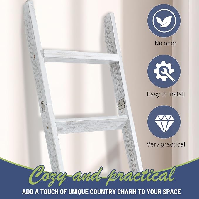 67" Wooden Blanket Ladders for The Living Room,5-Tier Ladder Shelf, Ladder Rack for Storage and Decor (Weathered White)