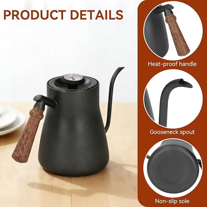 Pour over Coffee Kettle with Thermometer, 850ml Goose Neck Kettle Pot Induction Kettle Stovetop Stainless Steel Gooseneck Kettle with Wood Handle