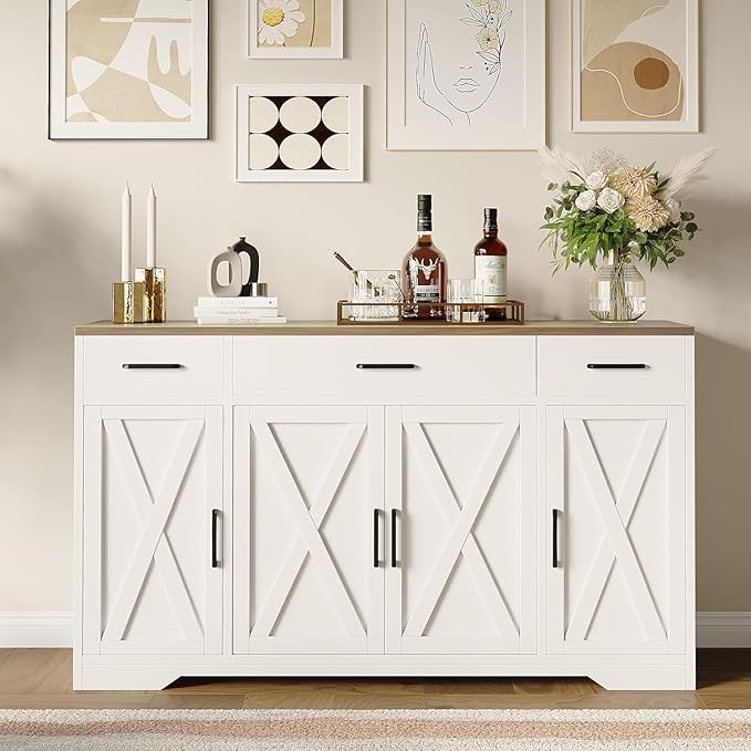 Farmhouse Modern Buffet Sideboard Cabinet with 3 Drawers, 55" Large Wood Kitchen Storage Coffee Bar Cabinet for Kitchen, Dining Room