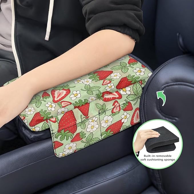Dreaweet Strawberry Car Accessories for Women Center Console Cover Thick Console Console Armrest Pad Universal Arm Rest Cover for Car SUV Truck Sedan Armrest Storage Box Cover Pad,Green