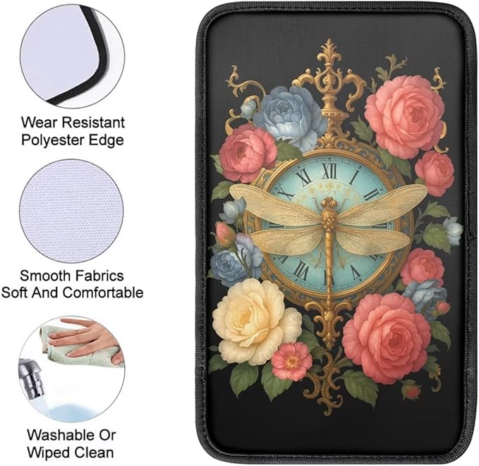Vintage Floral Dragonfly Clock Print Center Console Cover,Auto Armrest Cover Universal Fit