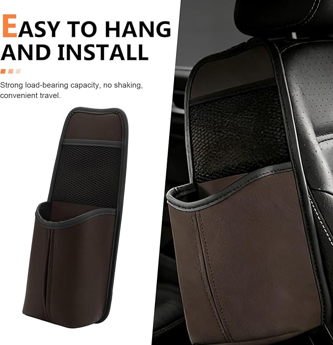 Car Tissue Holder, Leather Seat Side Strap-On Organizer Box with Mesh Net, Multifunctional Hanging Card Cup Holder Storage Bag, Universal for Most Cars (Coffee)