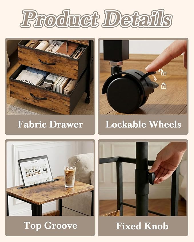 Faesun Swivel Lift Top Nightstand with Charging Station, Rolling Side Table for Recliner, Bedside Table with Wheels & 2 Fabric Drawers, for Small Spaces, for Bedroom, Living Room, Brown