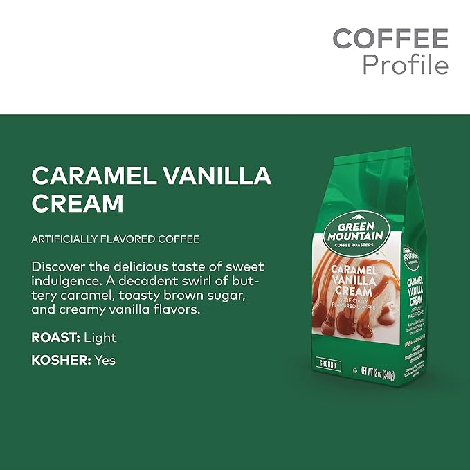 Green Mountain Coffee Roasters, Caramel Vanilla Cream, Ground Flavored Coffee, Light Roast, Bagged 12oz.