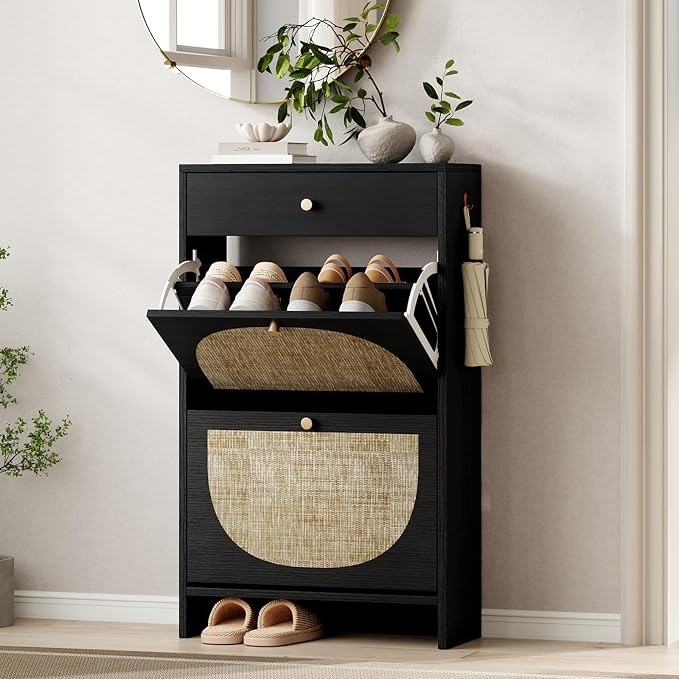 Nicetree Shoe Cabinet for Entryway, Slim Shoe Rack with 2 Flip Drawers and Top Storage Drawer, Narrow Shoe Organizer with Printed Rattan-Look Design, Entryway Shoe Storage for Size 12 Shoes, Black