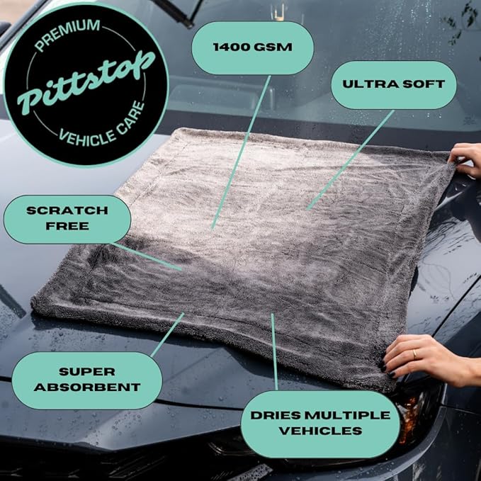 Pittstop Drying Microfiber Towel Large 24x35 Inch 1400 GSM, Edgeless Scratch-Free, Twisted Loop, Super Absorbent, Professional Grade Material, Heavy-Duty, Soft Durable, Car Drying Towel,