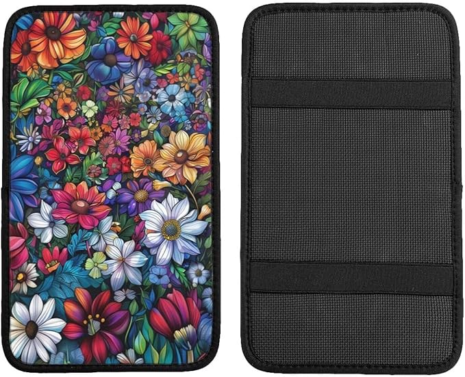 Car Center Console Pad Boho Flower Non-Slip Armrest Cover Floral Mandala Car Center Console Cushion Colorful Blossoms Flower Print Arm Rest Covers