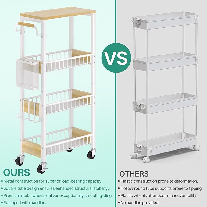 Slim Bathroom Storage Cart, 4 Tier Small Rolling Organizer Cabinet with Wood Top Handle, Mobile Shelving Unit Slide Out for Office, Kitchen, Laundry Room & Narrow Places (9.1" Overall Width)