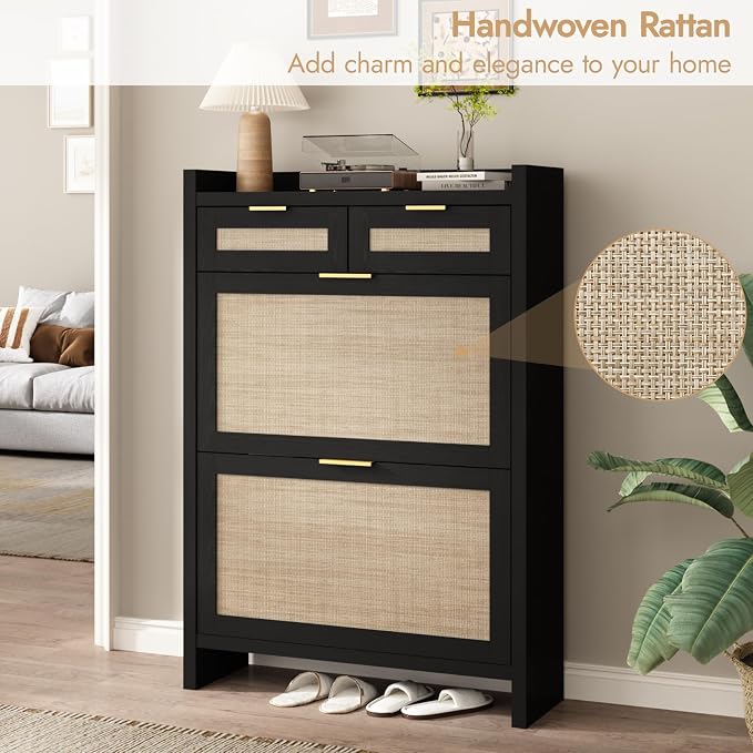 HOKYHOKY Rattan Shoe Storage Cabinet with 2 Drawers & 2 Flip Drawers – Hidden Slim Shoe Organizer for Entryway, Large Tabletop Space, Farmhouse Boho Narrow Shoe Rack, Rustic Black