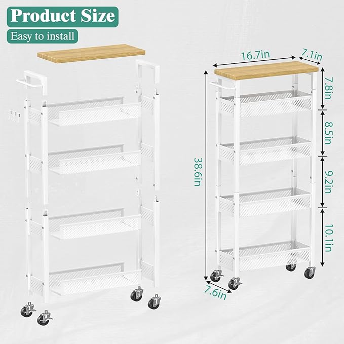 Giwil Slim Storage Cart 5 Tier Narrow Kitchen Rolling Cart on Wheels for Small Space, Metal Utility Cart Narrow Bathroom Storage Cabinet Mobile Shelf Unit Organizer with Wood Top and Handle, White