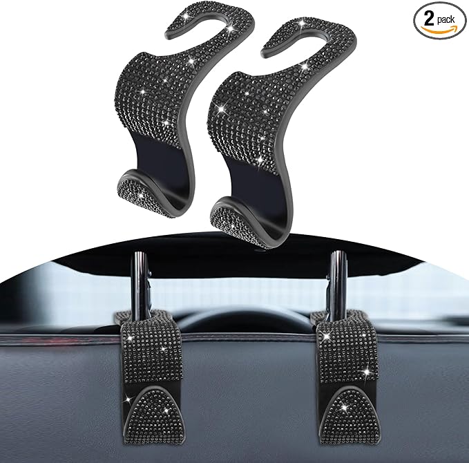 2PCS Car Seat Hooks, Purse Hook for Car, Crystal Rhinestone Vehicle Backseat Purse Holder, Auto Accessories Diamond Auto Seatback Storage Organizer Hanger for Handbag Clothes Purse (Black)