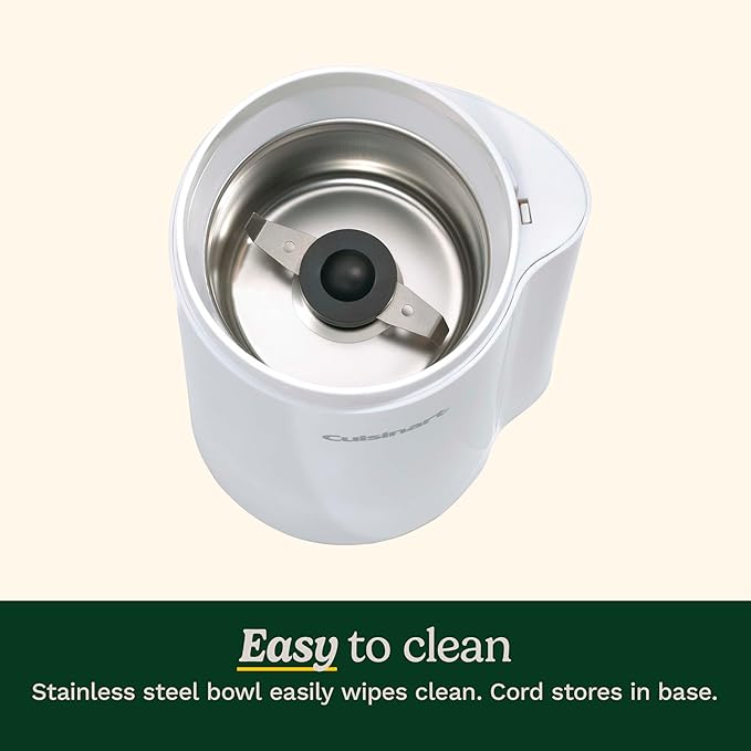 Cuisinart Coffee Grinder, One Touch Control Coffee Bean Grinder with Stainless Steel Bowl and Blades, 2.5 oz/70g Capacity Enough for 12 Cups, On/Off Switch with Safety Interlock, DCG-20N, White