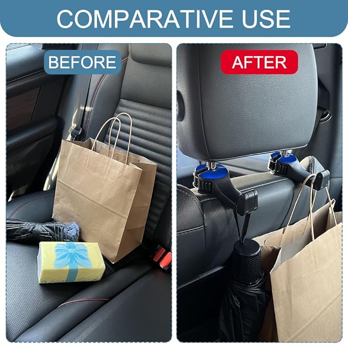 2PCS Car Headrest Hidden Hook, Bag Holder for Car, 2 in 1 Auto Seat Hooks with Phone Holder, 360° Rotation Adjustable Vehicle Back Seat Storage Hanger for Purses and Bags (Blue)