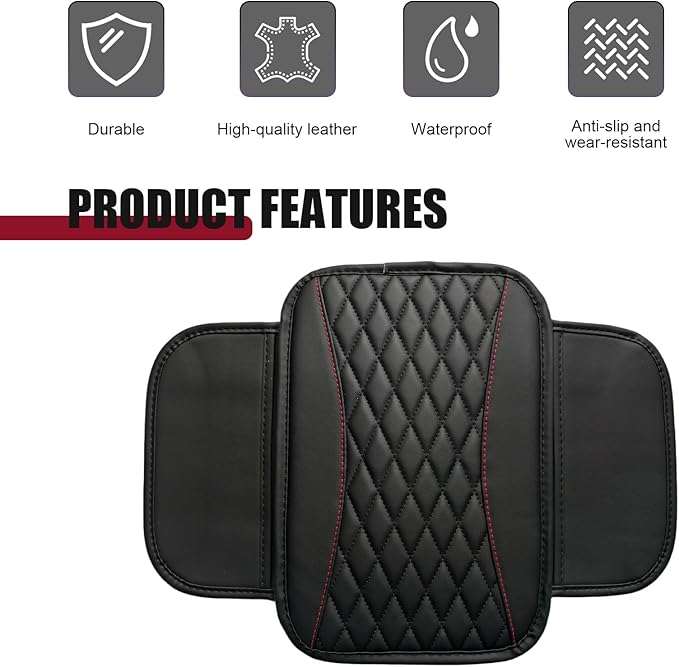 Car Center Console Cover, Upgraded Patchwork Leather Arm Rest Cover with Side Storage Pockets, Comfortable Auto Armrest Protector Cushion, Universal Middle Console Pad for SUV, Sedan (Black)