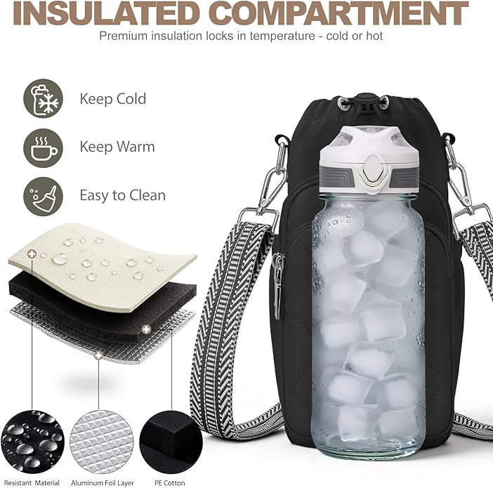 Water Bottle Bag Crossbody，Insulated Water Bottle Purse Crossbody Water Bottle Holder with Strap 40 oz