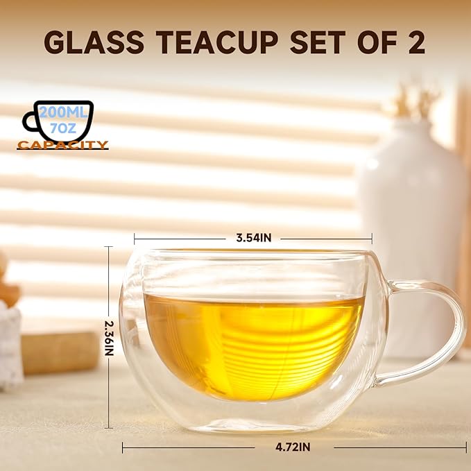 Double Wall Insulated Glass Tea Cups Set of 2, Clear Borosilicate Espresso Shot Cups for Espresso Machine, Glass Teacups Coffee Mugs with Handle for Cappuccino Latte, 7OZ/200ML