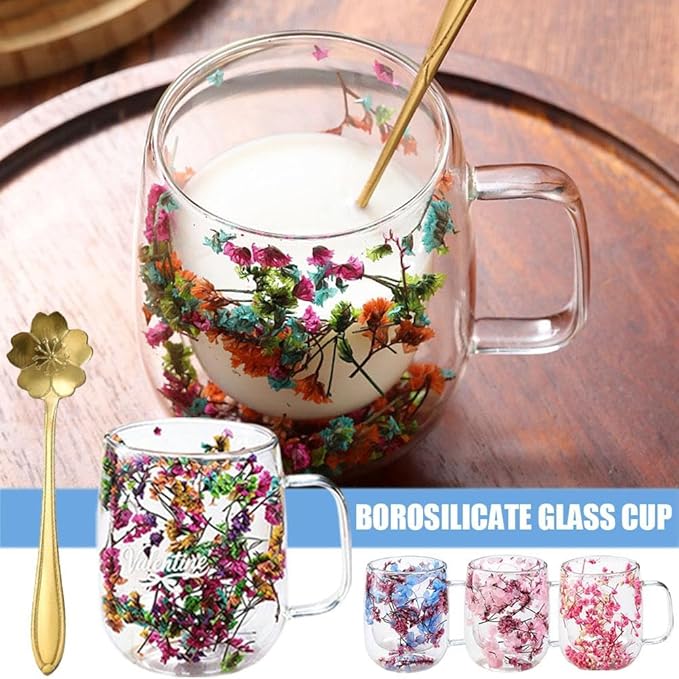 15.2Oz Double Glass Flower Tea Cup,Dried Flowers Insulated Glass Double Wall Coffee Mug With Handle,Transparent Doubles Glases Flower Tea Cup Latte Coffee Cups,Valentines Day Party Gifts