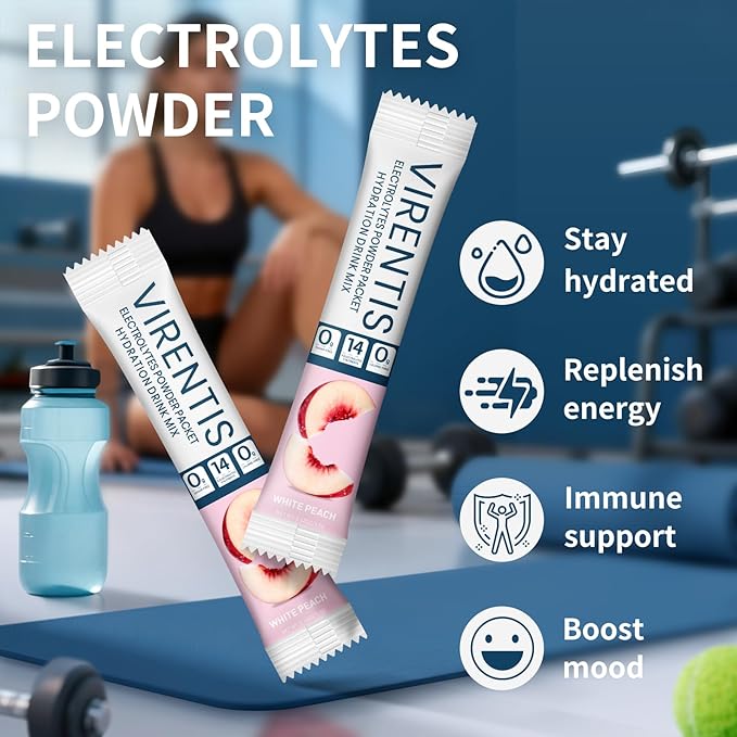 16 Sticks Electrolytes Powder Packets Sugar Free Hydration Packets Liquid Daily IV Electrolyte Drink Mix for Rehydration with 8 Electrolytes & 6 Vitamins, Low Sodium, White Peach