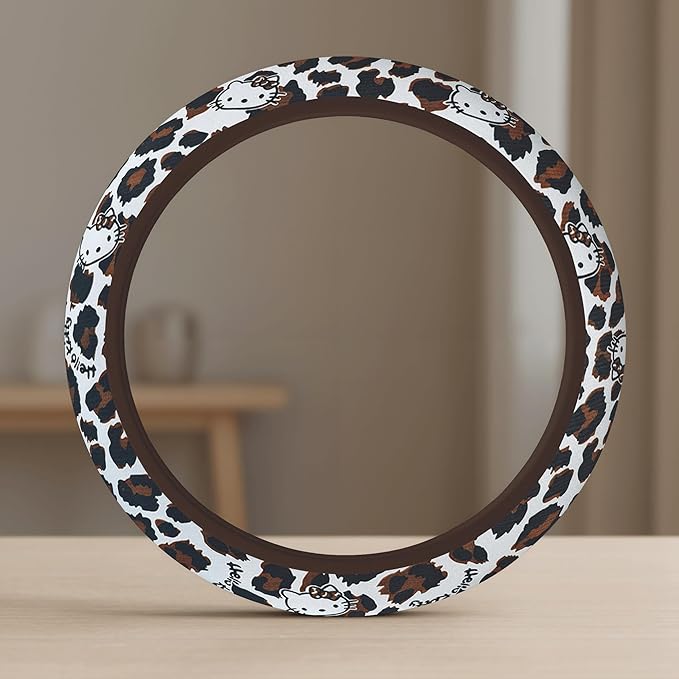 Cute Steering Wheel Cover for Women, Machine Washable Universal 14.5-15.5 inch Non-Slip Grip All Weather Use (Brown Leopard Cats)