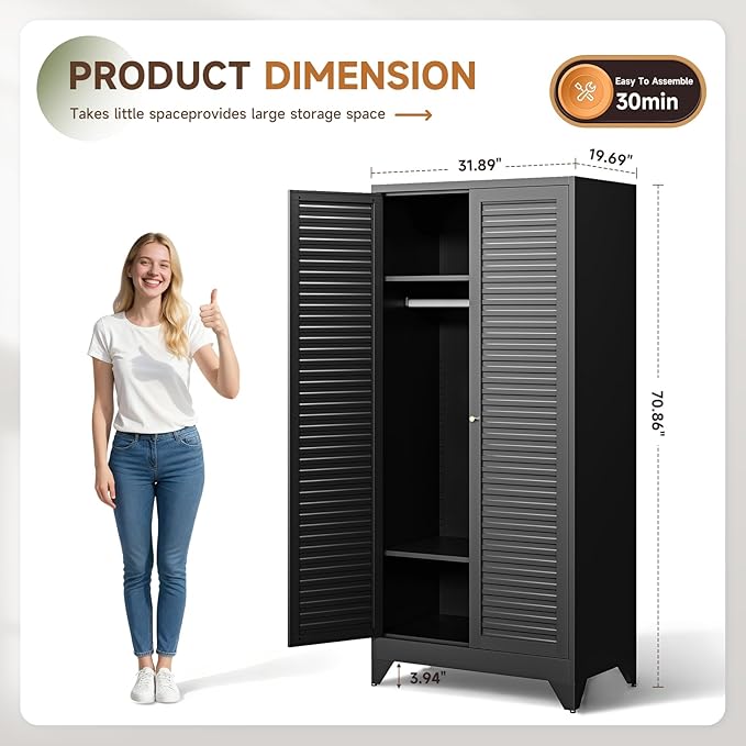 Letaya Armoire Wardrobe Closet,20" Deep Metal Wardrobe Cabinet with Doors and Shelves,Hanging Rod Clothing Storage Cabinets for Home RoomBlack