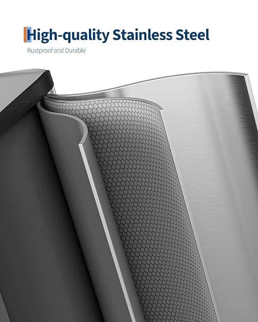 GarveeHome 2 x 4 gal Stainless Steel Double Trash Can with Lid for Kitchen, Large Dual Trash and Recycle Bin Combo, Step-on Kitchen Metal Garbage Cans, PP Inner Buckets, Liner Rim, Silver