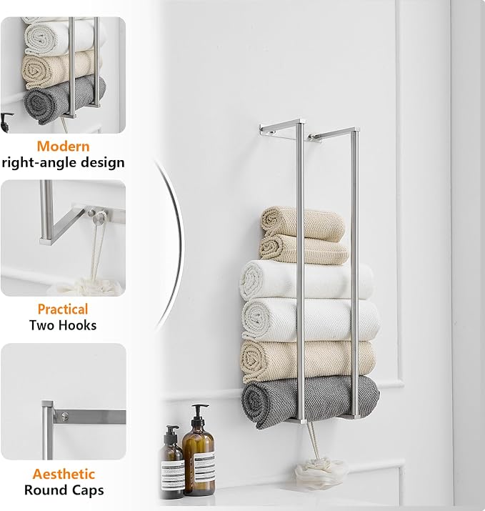 BWE Brushed Nickel Towel Racks for Bathroom, 28" Stainless Steel Bathroom Towel Holder for Rolled Towels, Wall Mounted Towel Storage for Bathroom with 2 Hooks, 6 Large Bath Towels Capacity