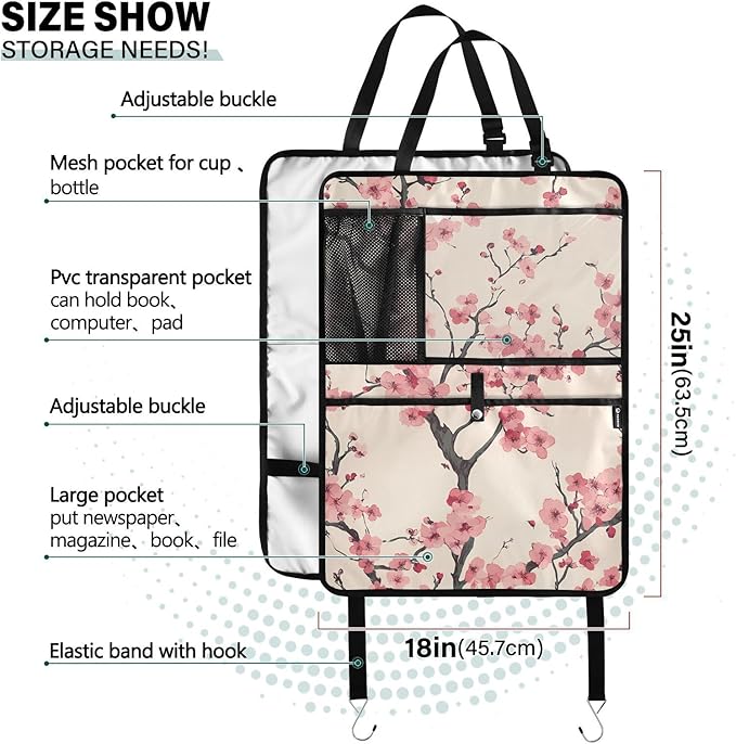 JIPONI Car Backseat Organizer, Japan Cherry Blossoms Automotive Back Seat Protector, Kick Mats with Storage Pockets for Kids Pets, Road Trip Accessories