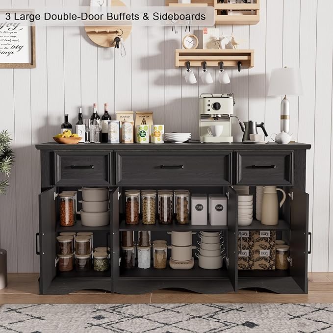 56" Buffet Cabinet with Storage, Farmhouse Sideboard Buffet with 3 Drawers and 4 Doors, Wood Coffee Bar Cabinet with Adjustable Shelves, Sideboard Storage for Kitchen, Living Room, Entryway, Black