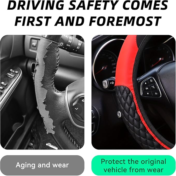 Bling Car Steering Wheel Cover, Diamond Leather Crystal Rhinestones Vehicles Steering Wheel Protector, Sparkling Anti-Slip Automotive Interior Decoration Accessories, Universal Fit (Red)