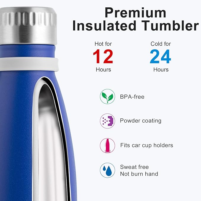 koodee Water Bottle-17 oz Stainless Steel Double Wall Vacuum Insulated Water Bottle for School, Cola Shape Leak Proof Sports Flask (Navy)