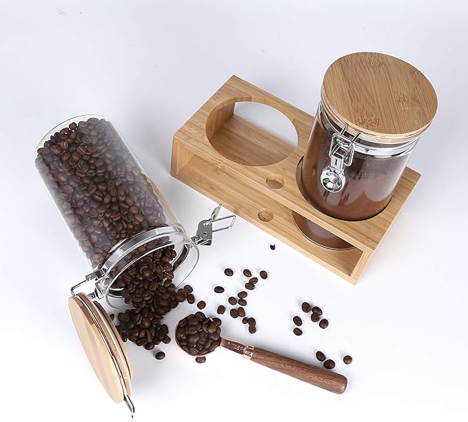 KKC HOME ACCENTS Glass Food Storage Jars with Airtight Locking Clamp Bamboo Lids,Coffee Bean Storage Containers,Sealed Glass Container with Scoop for Coffee Ground,Tea,Nut,Sugar,Coffee Holder