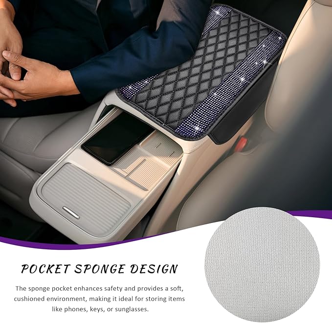 Sun Walker Bling Car Center Console Cover, Anti-Scratch Car Armrest Seat Box Cushion Pad with 2 Storage Bags, Leather Middle Console Protector Crystal Interior Accessories for Most Cars (Purple)