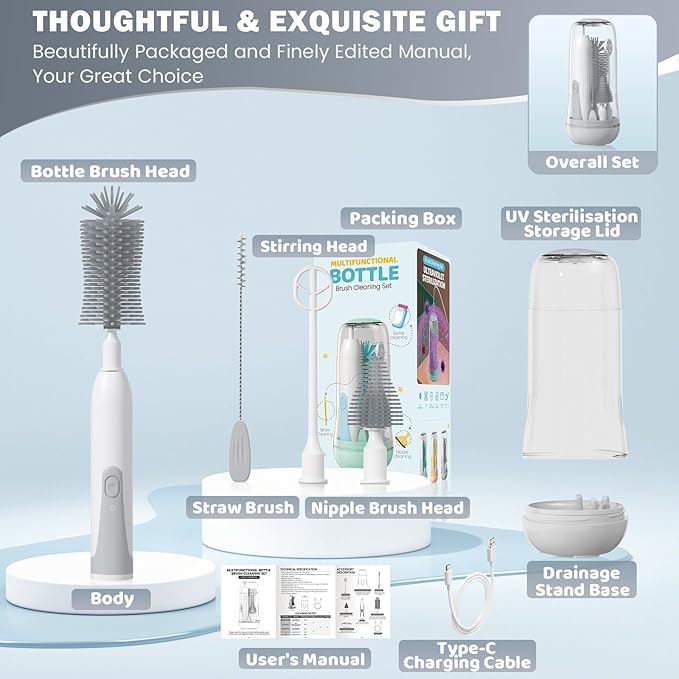 IvyWind Electric Travel Baby Bottle Brush Set with Storage Box, Automatic Bottle Cleaner Brush Kit with Silicone Bottle/Nipple/Straw Brush, Milk Frother Electric and Drainage Rack, Rechargeable, Gray