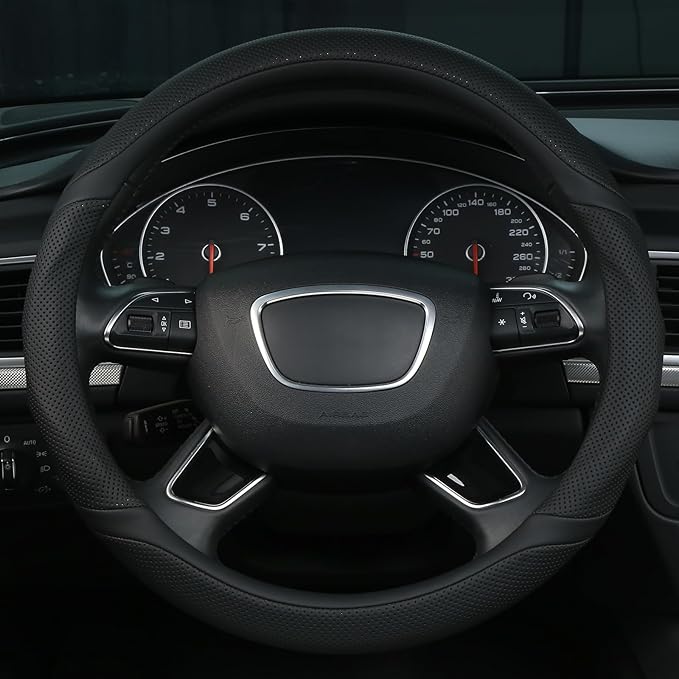 ALEMODR Black Leather Steering Wheel Cover Universal 15 inch
