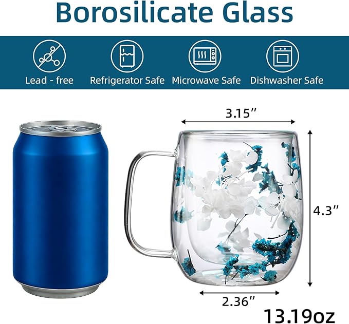 Dried Flowers Double Wall Insulated Coffee Mug, Borosilicate Glass Tea Cup with Real Flower Embedded, Heat Resistant Handle for Valentine's Day Birthday Gifts (blue,13.19oz)