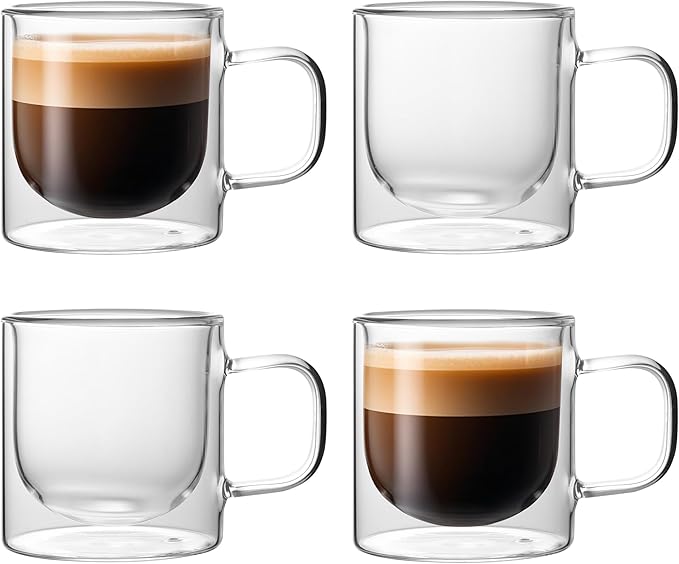 NIRA.Z Double Wall Glass Coffee Mugs Set of 4, 12 oz Insulated Borosilicate Glass Cups with Handle, Clear Thermal Espresso Latte Cappuccino Tea Cups for Hot & Cold Drinks