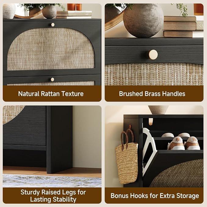 Nicetree Rattan Arched Accent Shoe Cabinet - Freestanding Ultra Slim for Entryway, 2 Flip Drawers & 3-Tier Adjustable Shelves, Farmhouse Modern Rustic Shoe Rack for Hallway Foyer Living Room, Black