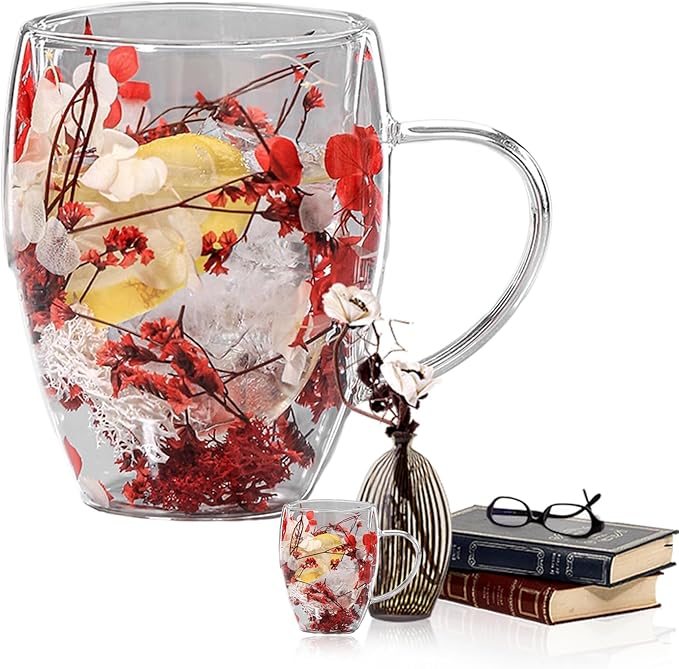 Flower Glass Double Wall Glass - 350ml Aesthetic Dried Flowers Double Wall Glass Coffee Mugs | Clear Glass Cups With Handle,Anti-Scalding Coffee Cups For Hot Beverages,Tea Or Coffee