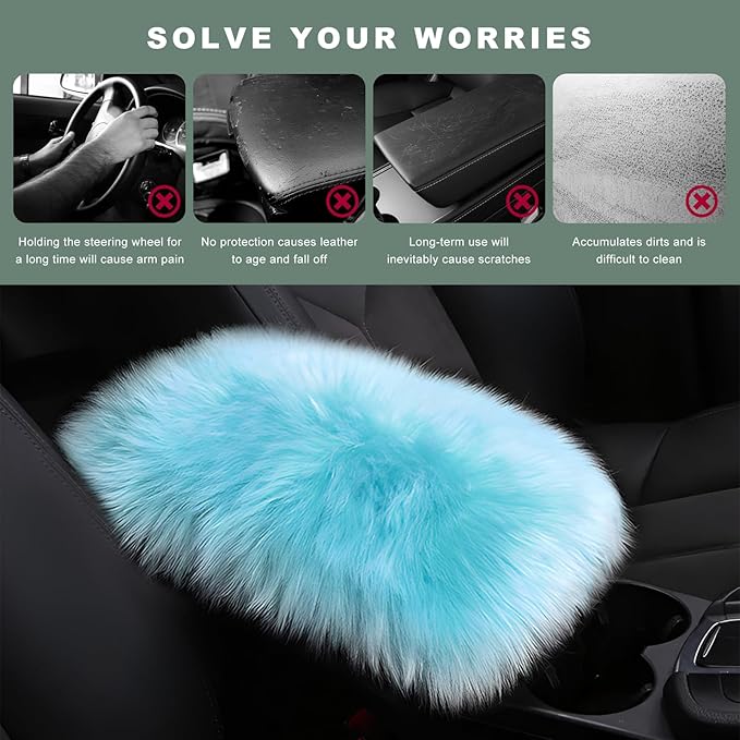 Furry Car Center Console Cover Pad, 11.8"×7.9" Auto Fluffy Plush Center Armrest Protective Cover, Comfortable Fuzzy Armrest Seat Box Protector Cushion for Cars Trucks SUVs (Light Blue)