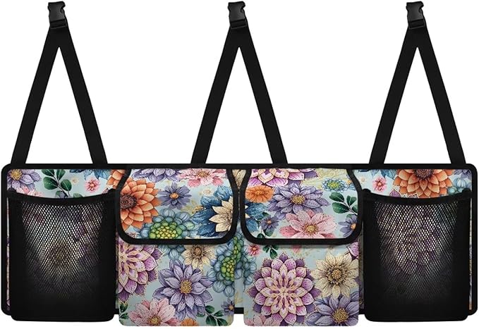 CLOHOMIN Boho Flowers Car Trunk Organizer for Sedan Organizers and Storage with 4 Pockets Hanging Back Seat Organizer Car Storage Accessories Interior