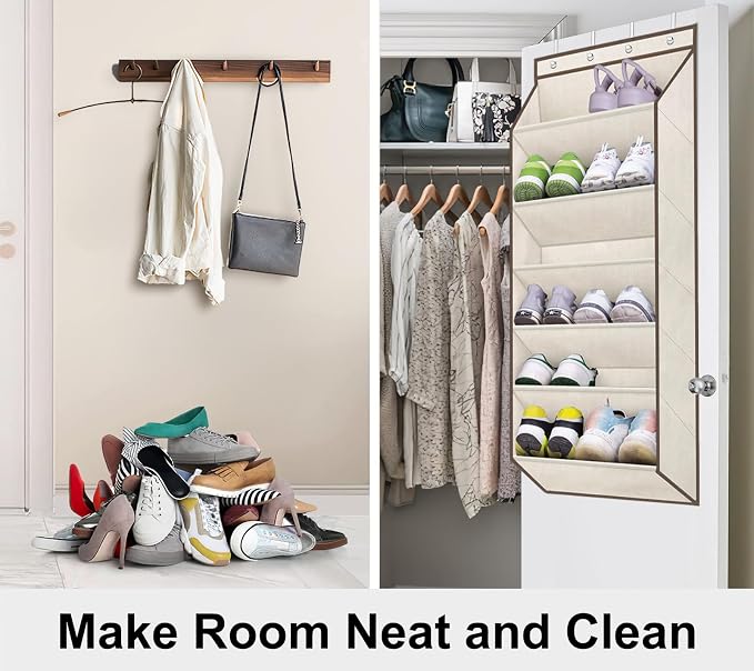 SLEEPING LAMB Shoe Rack for Door, Kids Door Shoe Organizer for Closet hanger, Narrow Hanging Sneaker Storage with Large Deep Pockets for Toddler, Girl, Baby Room Decor, Beige