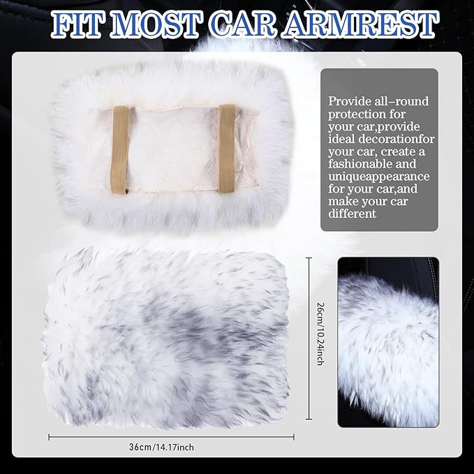 Frienda Furry Armrest Cover Auto Center Console Cover Car Soft Console Pad, Real Sheepskin Wool Soft Fluffy Auto Center Armrest Pad for Most Car Decoration Protector(Gray)