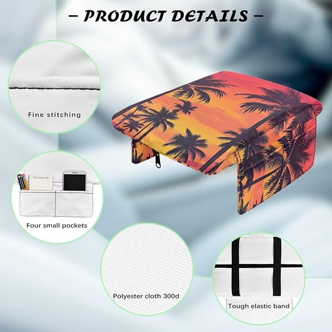 Dreaweet Palm Tree Print Center Console Armrest Cover with Side Pockets Thick Armrest Cover for Car Truck SUV Van,Soft Non-Slip Car Arm Rest Cover Pad