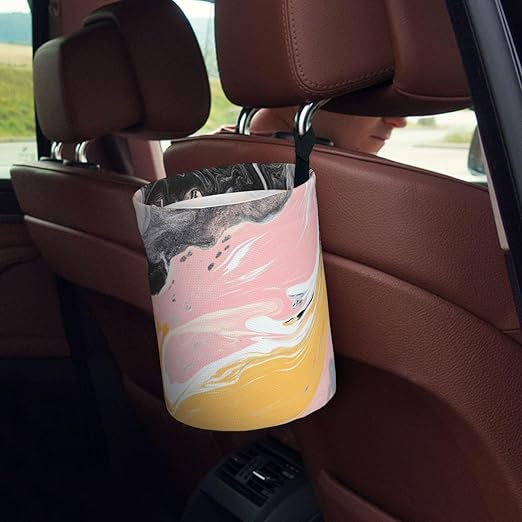 Yellow Pink Grey Marbles Car Trash Can Garbage Cans Foldable,Cute Hanging Car Organizer and Storage Bag Leak Proof, Auto Back Seat Trash Bin Universal for Truck, SUV, Outdoor Travel
