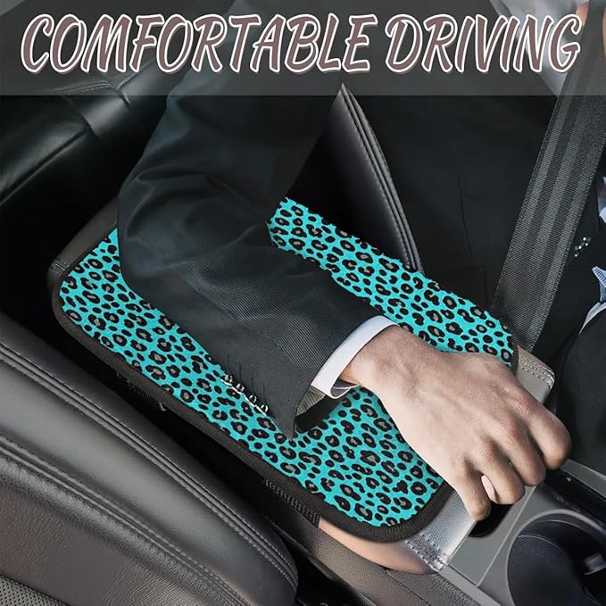 Turquoise Leopard Black Center Console Cover Pad Car Armrest Box Mat Truck Comfort Memory Foam Arm Rest Cushion Car Accessories Universal Fit 13x8 Inch