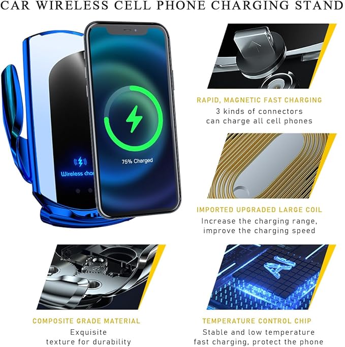 Wireless Car Charger Mount, 15W Automotive Electric Wireless Charger Holder, Car Air Vent Mount Bracket Fast Charging for Most Smartphone, Universal Car Accessories (Blue)