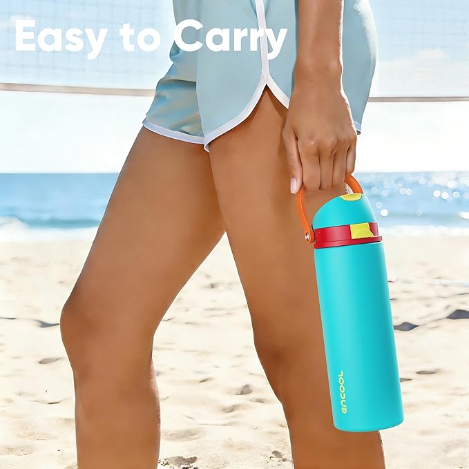 Insulated Water Bottle with Straw - Encool Stainless Steel Water Bottle with Push Button Lid, Leak-Proof & BPA-Free, Keeps Cold for 24 Hours for Sports, Travel, Gym (24 oz, Cerulean Blue)